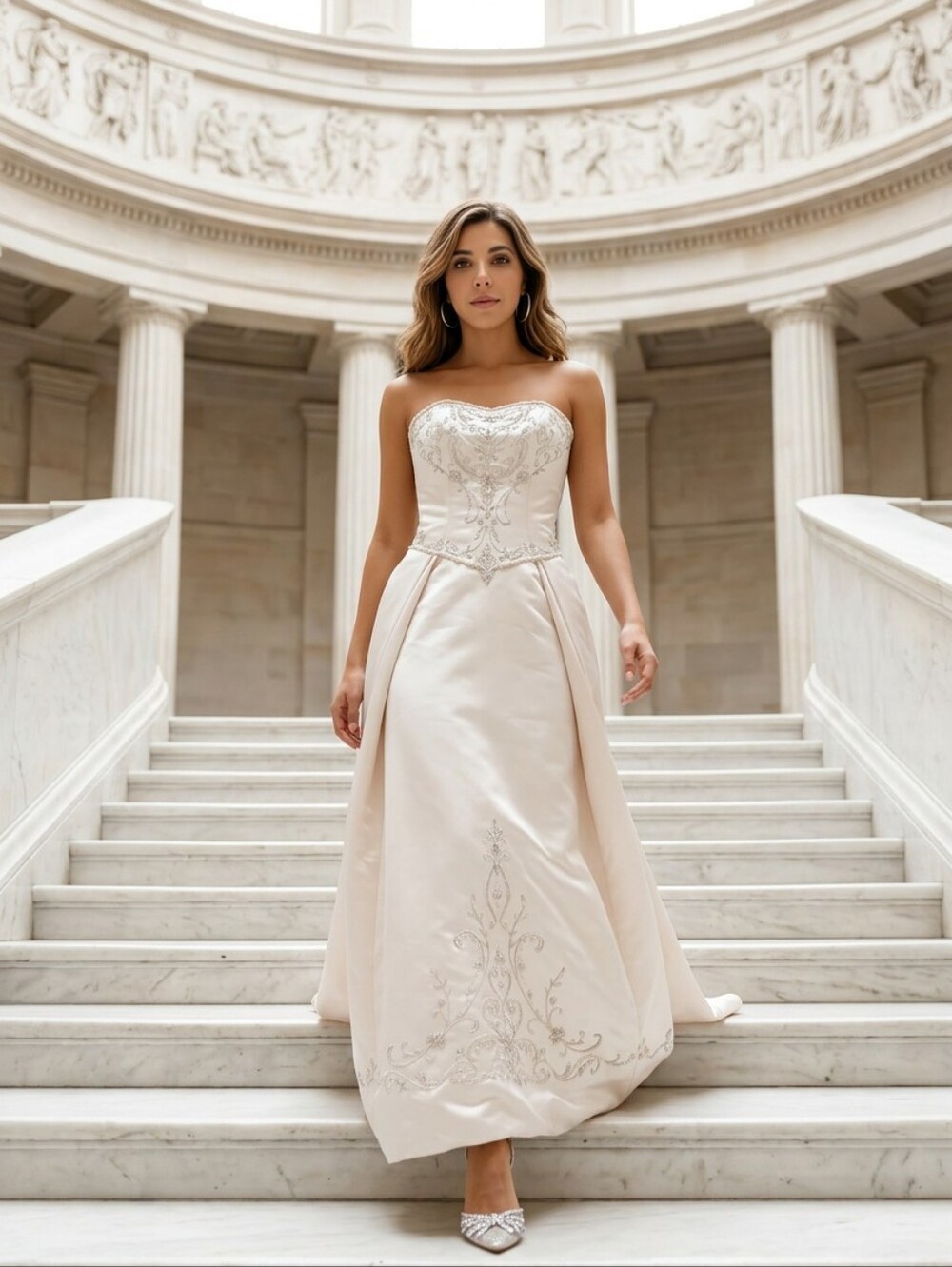 Strapless Ivory Embroidered A-Line Dress By Jasmine